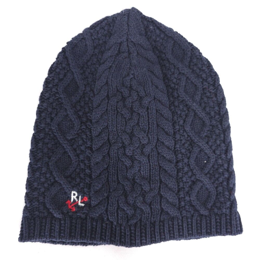 POLO RALPH LAUREN New Beanie One Size 7-16 Navy Blue Aran Cable Knit Embroidered